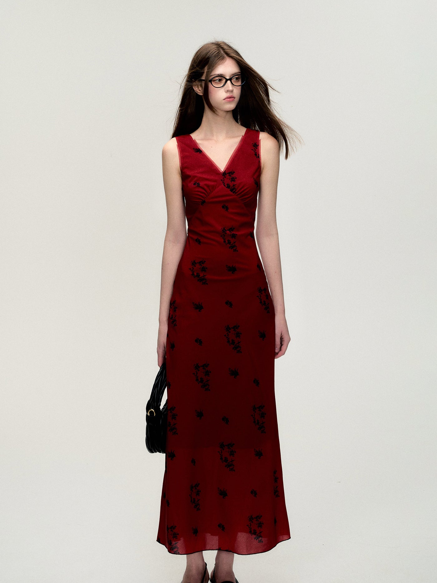 Camellia Red V-neck Long Dress OAK0198