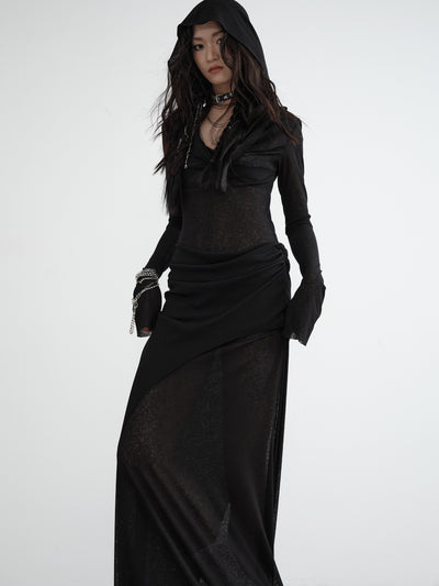 Semi-Sheer Knitted Layered Hooded Dress JNY0130