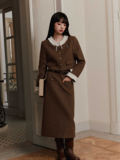 Cocoa Brown Retro Houndstooth Short Jacket/Skirt FRA0258