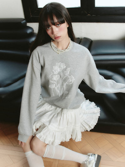 American Graffiti Lazy Gray Round Neck Long Sleeve Sweatshirt/Skirt FRA0204