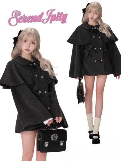 Woolen Bow Black Coat SER0093