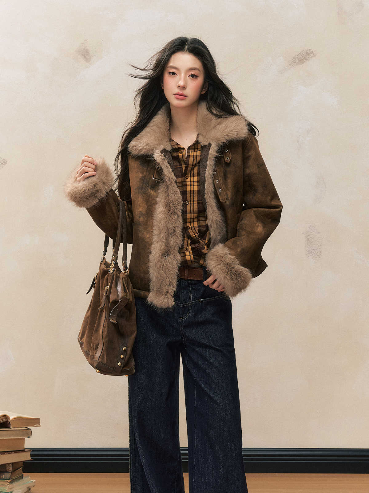 American Retro Brown Slim Fur Splicing Jacket SHI0085