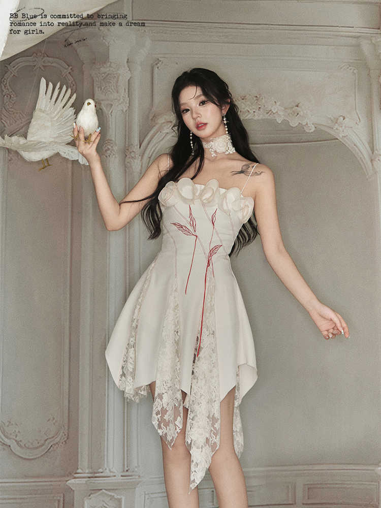 Rose Lace Design Irregular Hem Camisole Dress BBB0072