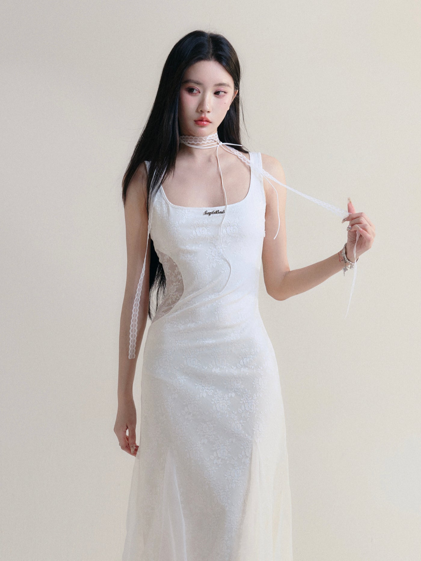 White Romantic Lace Hollow Design Fishtail Dress FRA0172