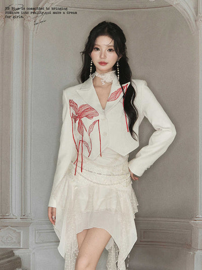 Embroidered string design hem cut short length jacket BBB0074