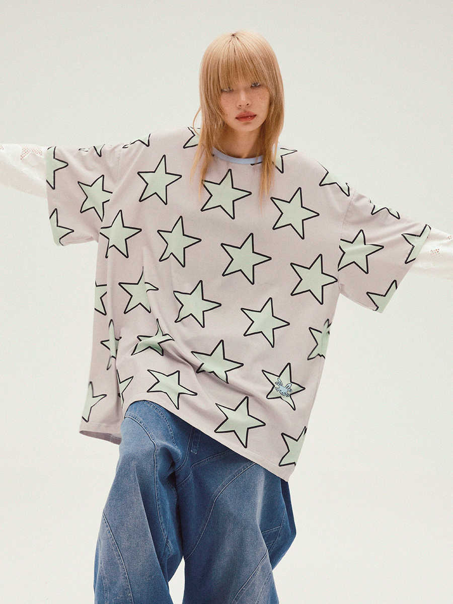 Star Print Oversized Bicolor T-Shirt CFI0055