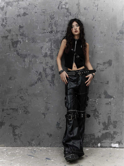 Punk Detachable Splicing Furry Flared Leather Pants FRU0050