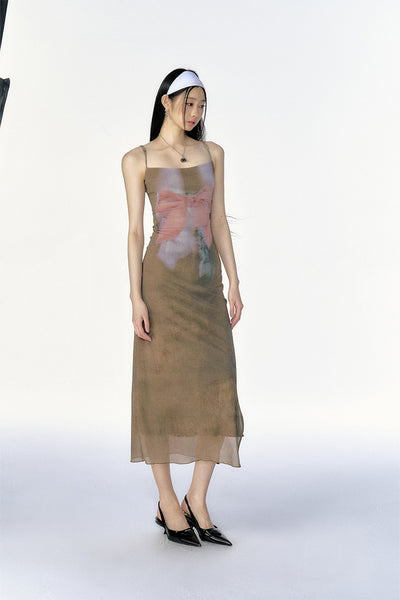 Vintage Slim Waist Mesh Print Dress CUR0106