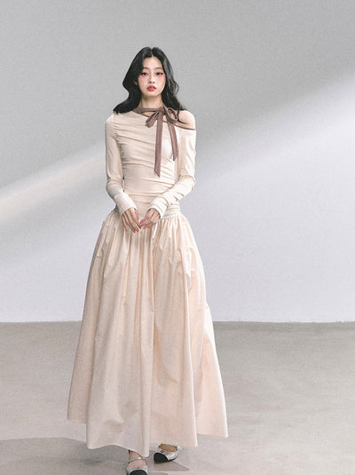 Off-shoulder Waist Slim Bow Dress DIA0574