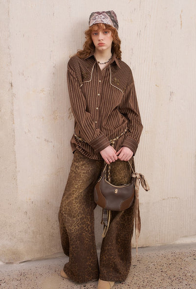 Suede Beaded Retro Striped Shirt DID0215