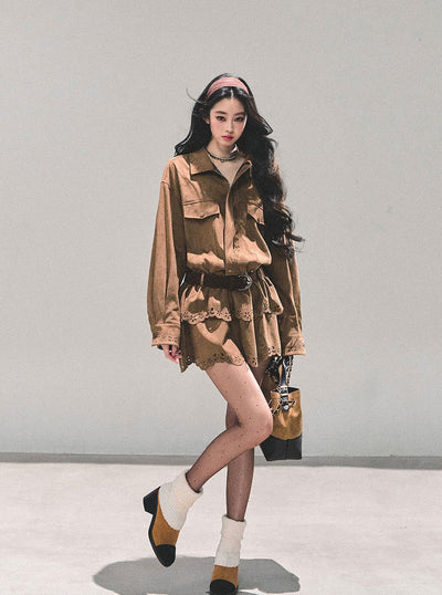 Faux Two-Piece Suede Shirt Dress DIA0680