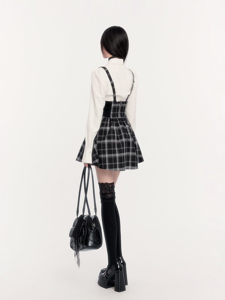 Super High Waist Fishbone Plaid Suspender Skirt VOC0272