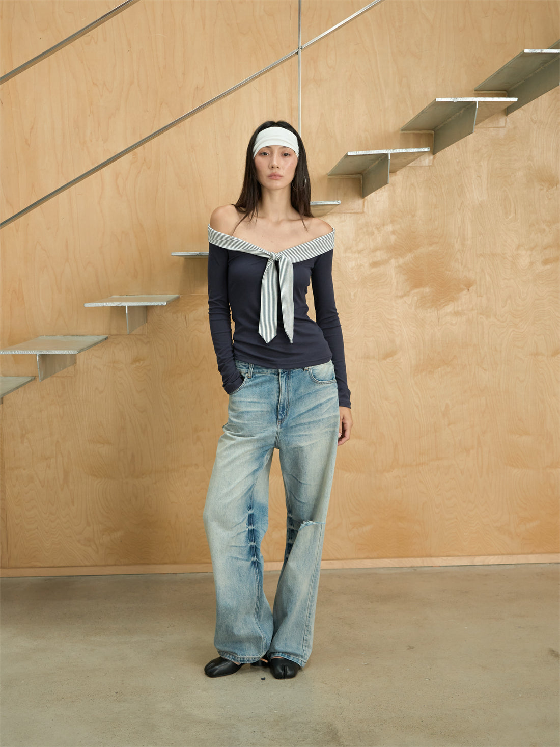 One-shoulder Striped Tie-stitched T-shirt CUR0248