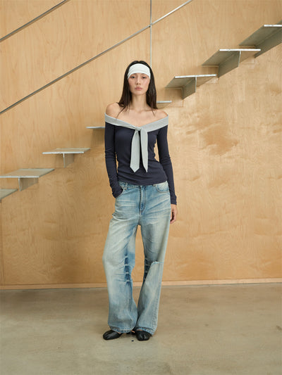 One-shoulder Striped Tie-stitched T-shirt CUR0248