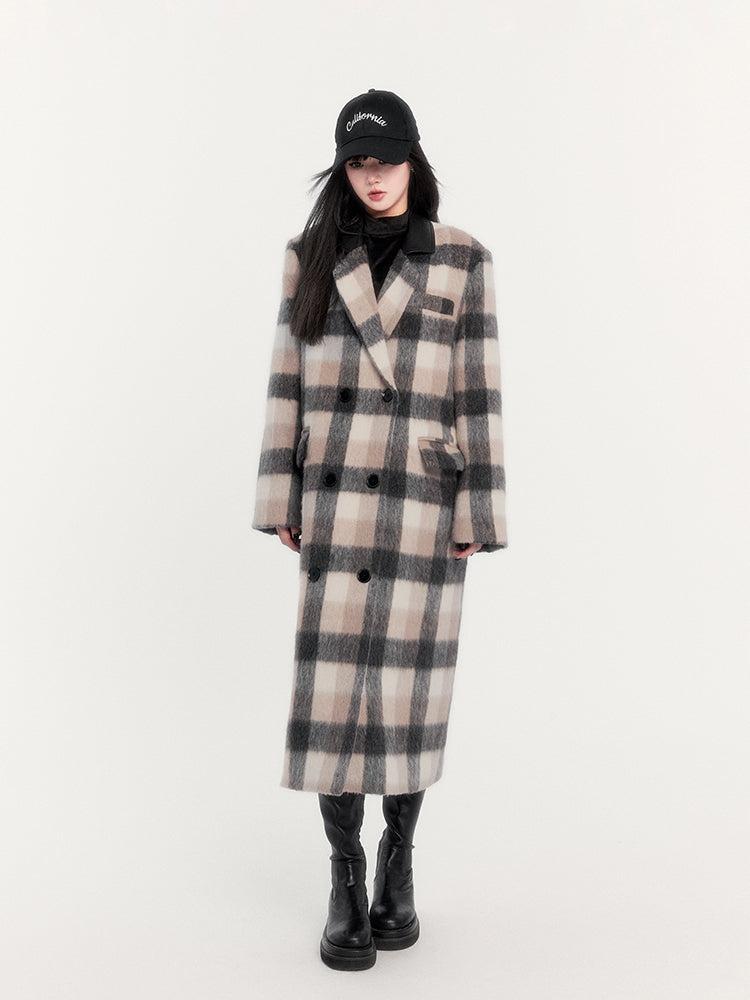 Brown Relaxed Plaid Woolen Long Coat VOC0284