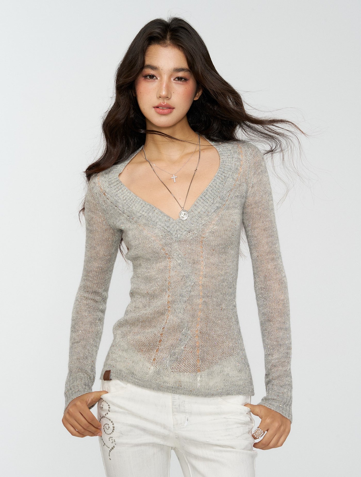 Slim Shimmering Cable Sweater 4MU0158