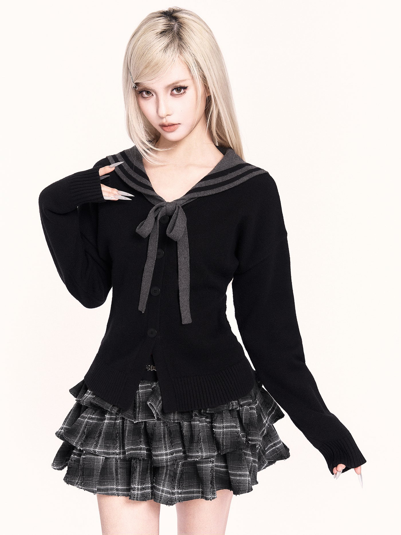 Navy Collar Cross Long Sleeves Sweater VOC0479