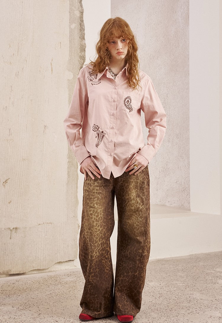Flower Embroidery Long Sleeve Shirt DID0231