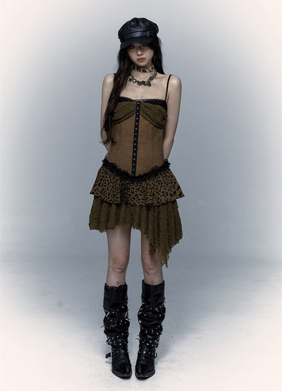 Punk Splicing Lace Irregular Leopard Print Suspender Dress NOR0070