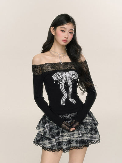 One Shoulder Lace Long Sleeve Slim Waist T-shirt DIA0217