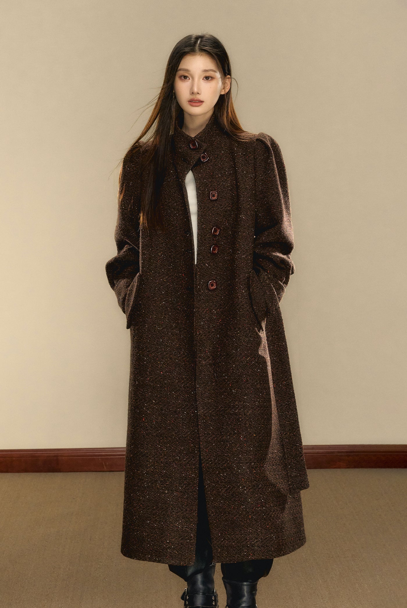 Chocolate Brown Tweed Long Over-the-Knee Wool Coat OSH0103