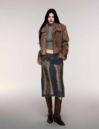 Python Print Straight-Line Denim Skirt LUL0209