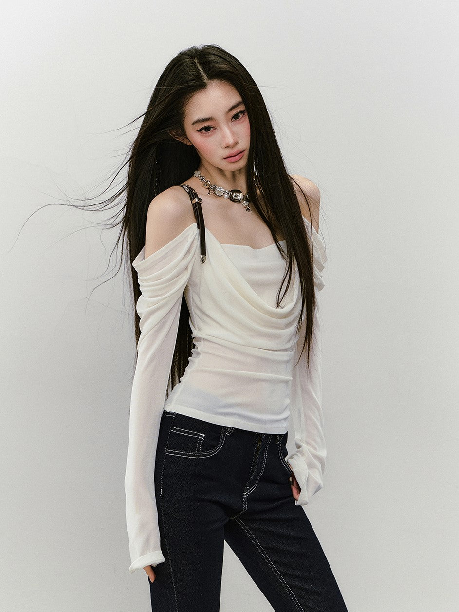 Leather Shoulder Strap Long-sleeved T-shirt VIA0336
