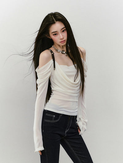 Leather Shoulder Strap Long-sleeved T-shirt VIA0336