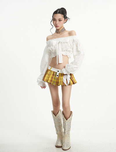 Puff Sleeve One Shoulder Bow Short Shirt UNC0258