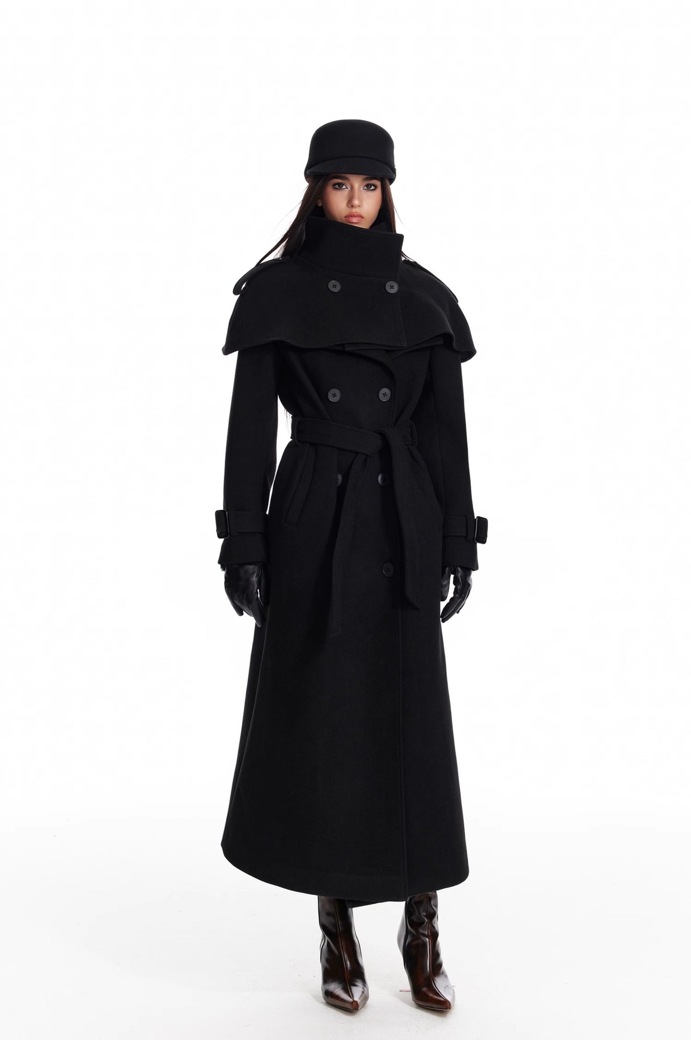 Black Detachable Cape/Woolen Long Coat 4MU0073