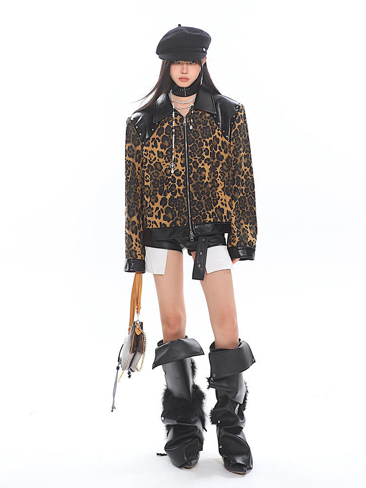 Wild Leopard Design Leather Lapel Zipper Jacket UNC0189