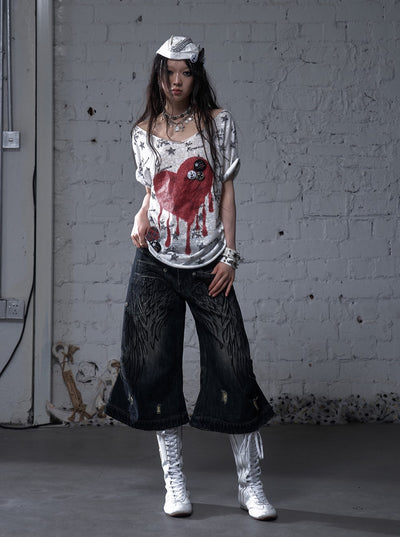 Punk Embroidered Wings Cropped Jeans NOR0177