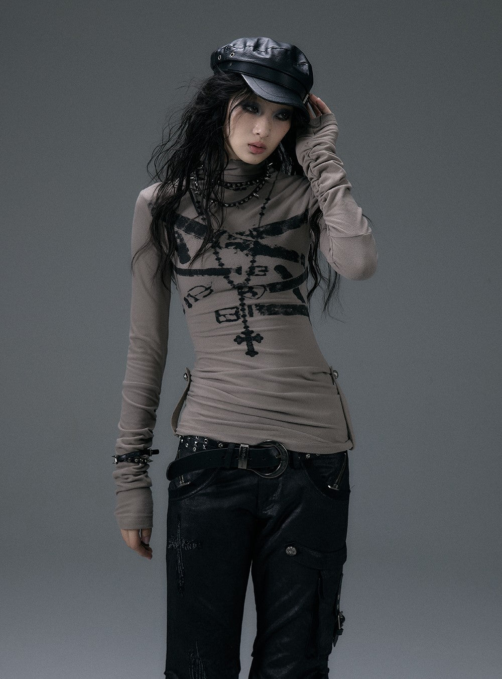 Punk Rock High Collar Slim Patchwork Embroidery Print T-shirt NOR0130