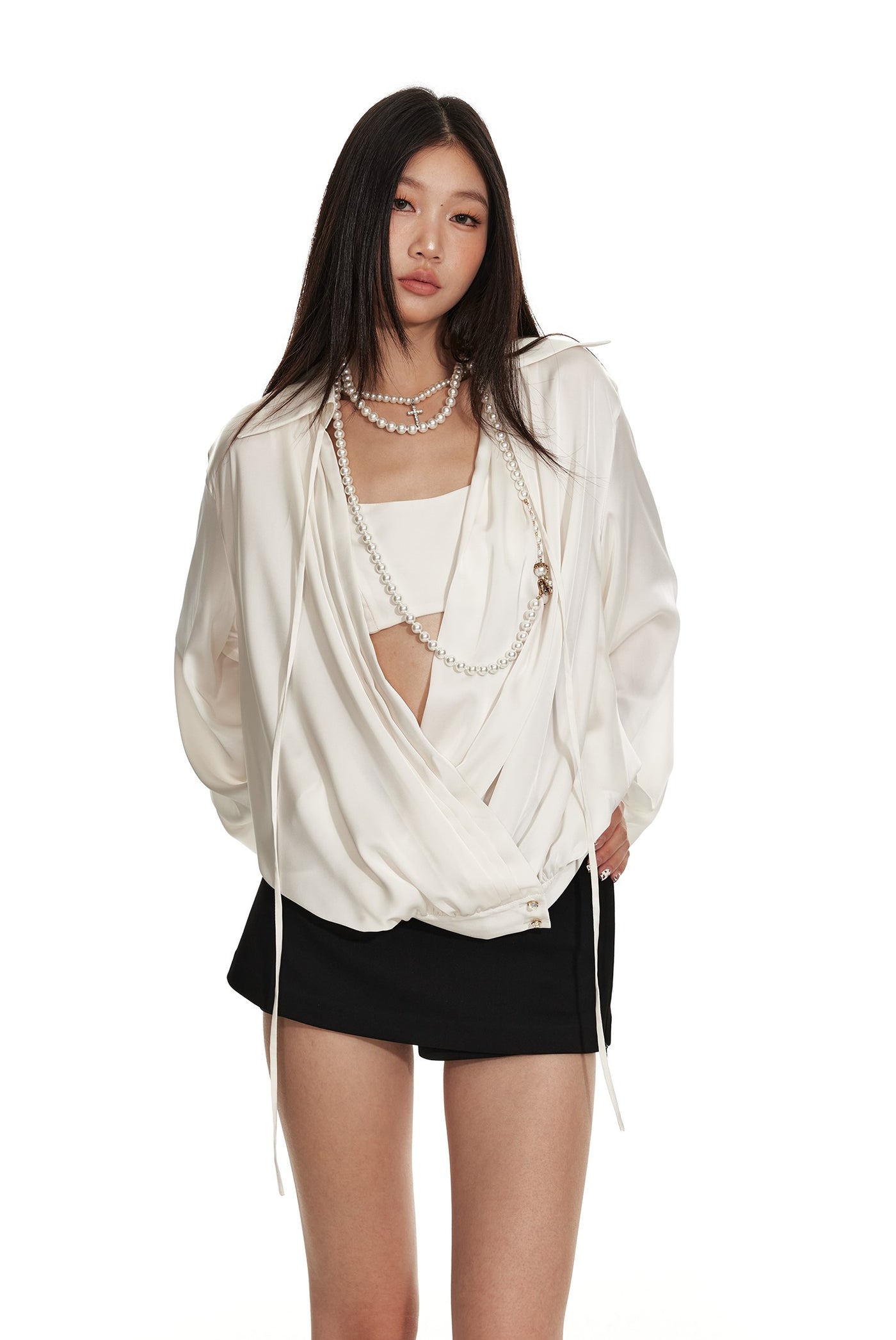 Lantern Sleeve Oblique Collar Loose Pleated Large Shirt 4MU0061