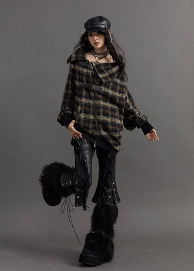 Retro Street Punk Lazy Style Pile Collar Plaid Asymmetric Jacket NOR0110