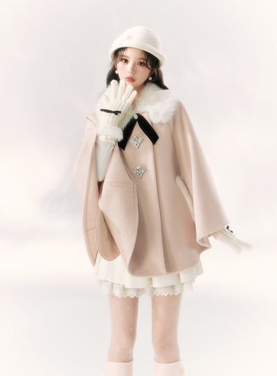 Ribbon Diamond Button Fur Collar Cape BBB0091