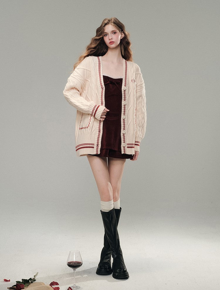 College Style Two-color Embroidery Knitted Large Cardigan GRO0074