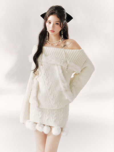 Off-shoulder Plush Fur Knitted Sweater BBB0102