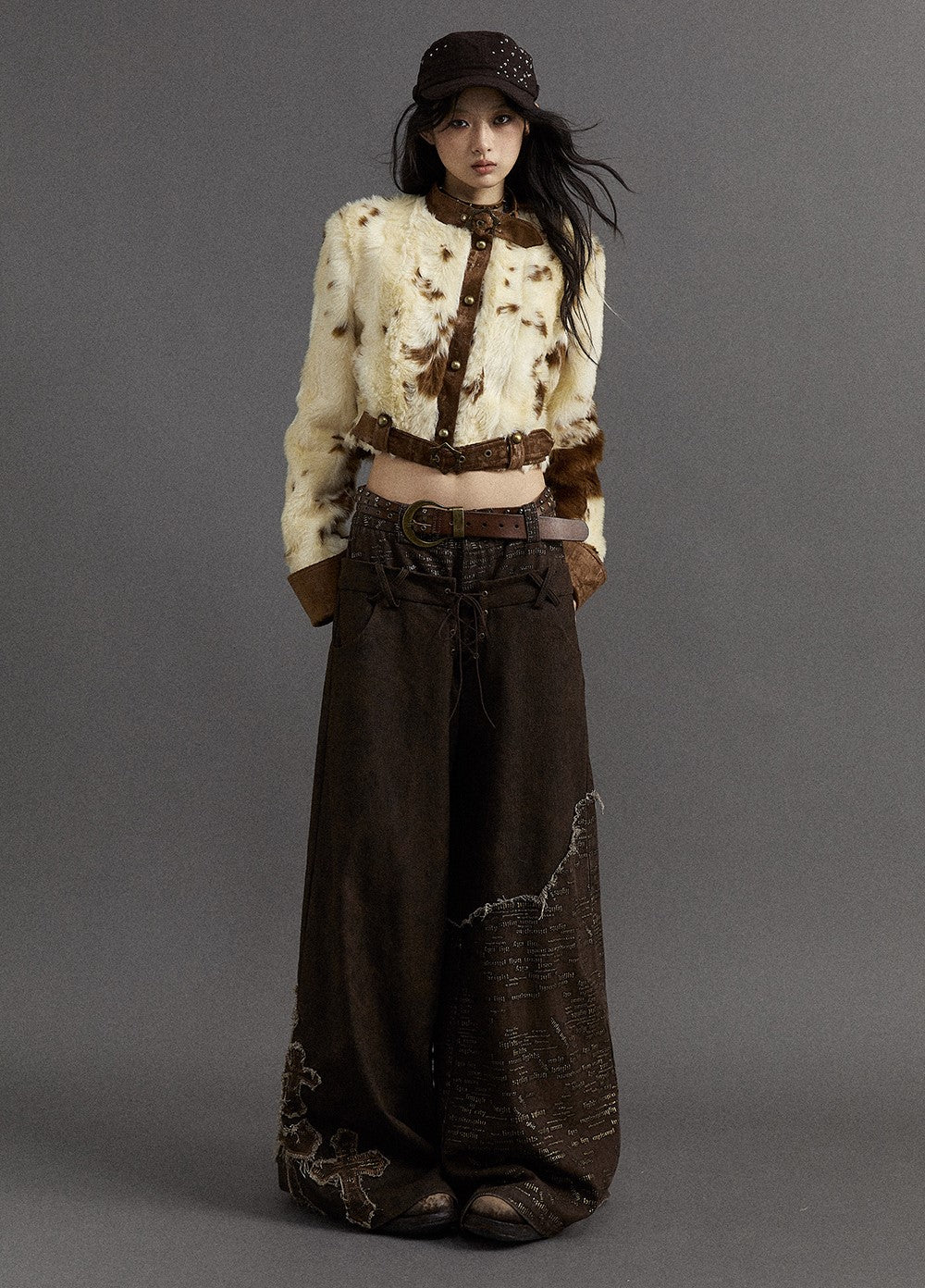 Punk Fake Two-piece Stitching Cross Embroidery Loose Wide-leg Casual Pants NOR0106