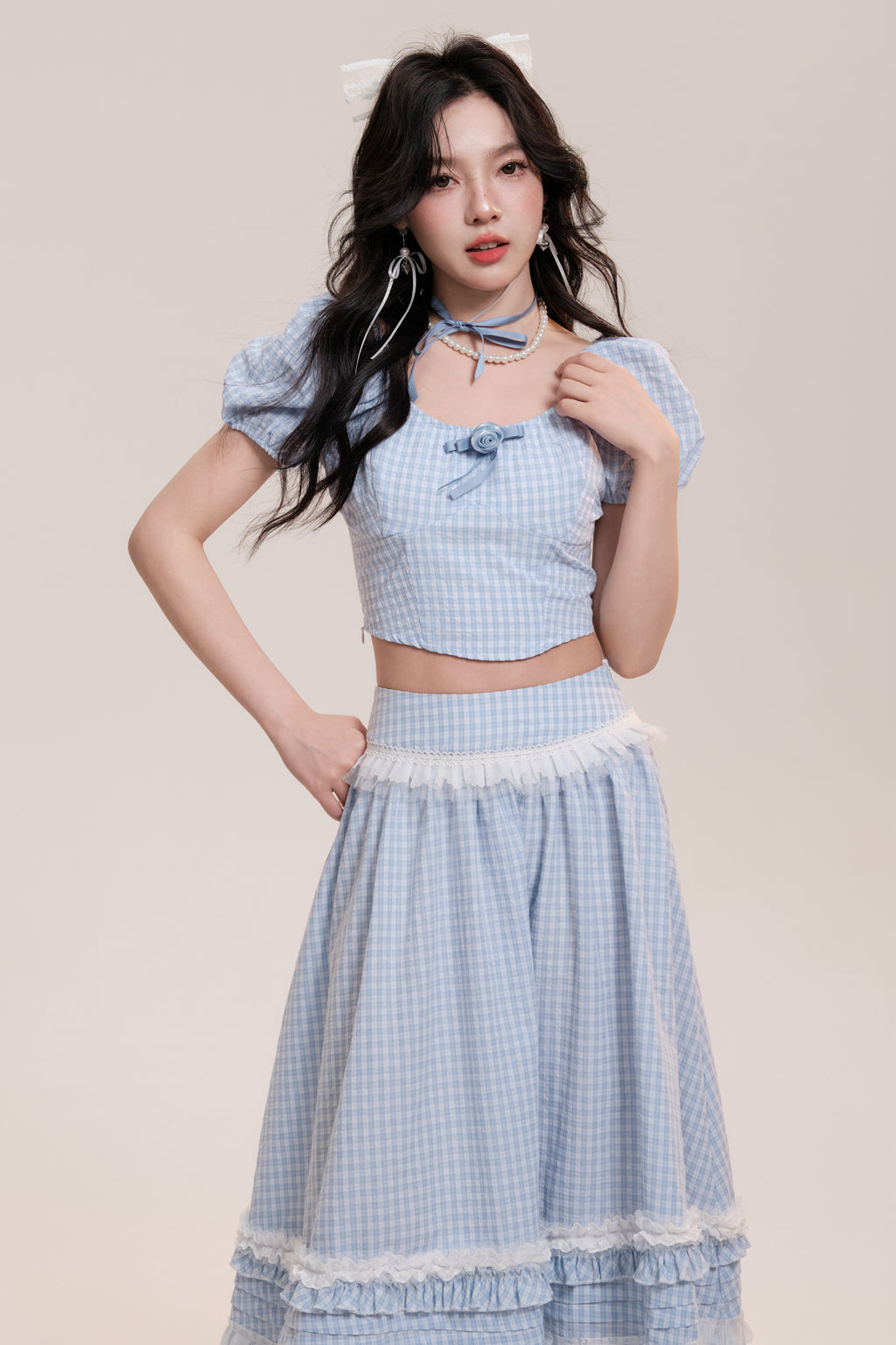 Rose Lace Plaid Puff Sleeve Top/Long Skirt AOO0005