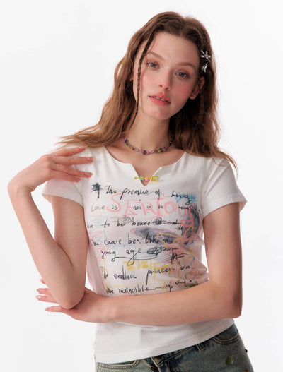 Letter Graffiti Print Slim Small V-neck Short-sleeved T-shirt ZIZ0100