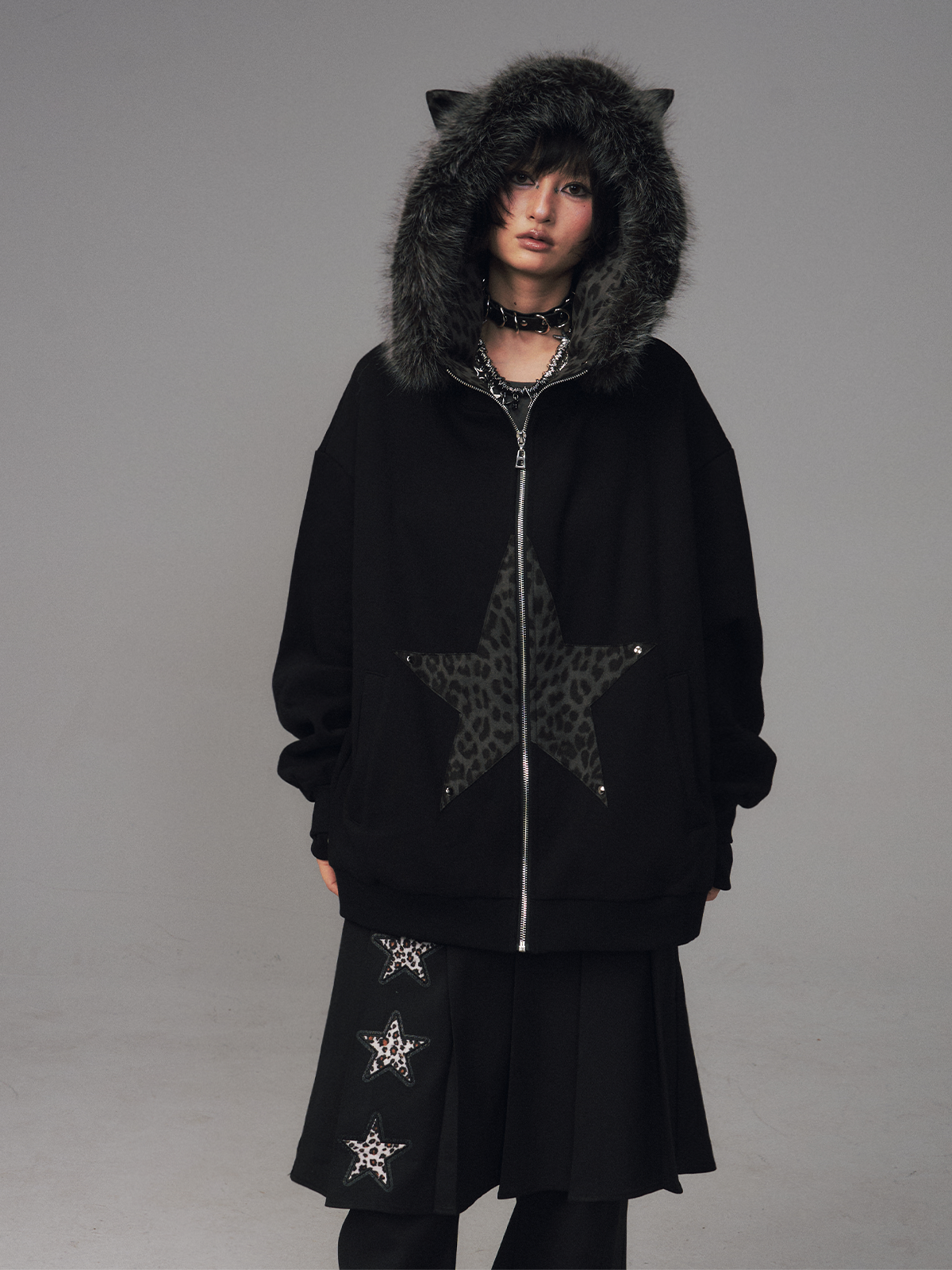 Cat Ear Leopard Print Fur Collar Hooded Jacket FRU0130