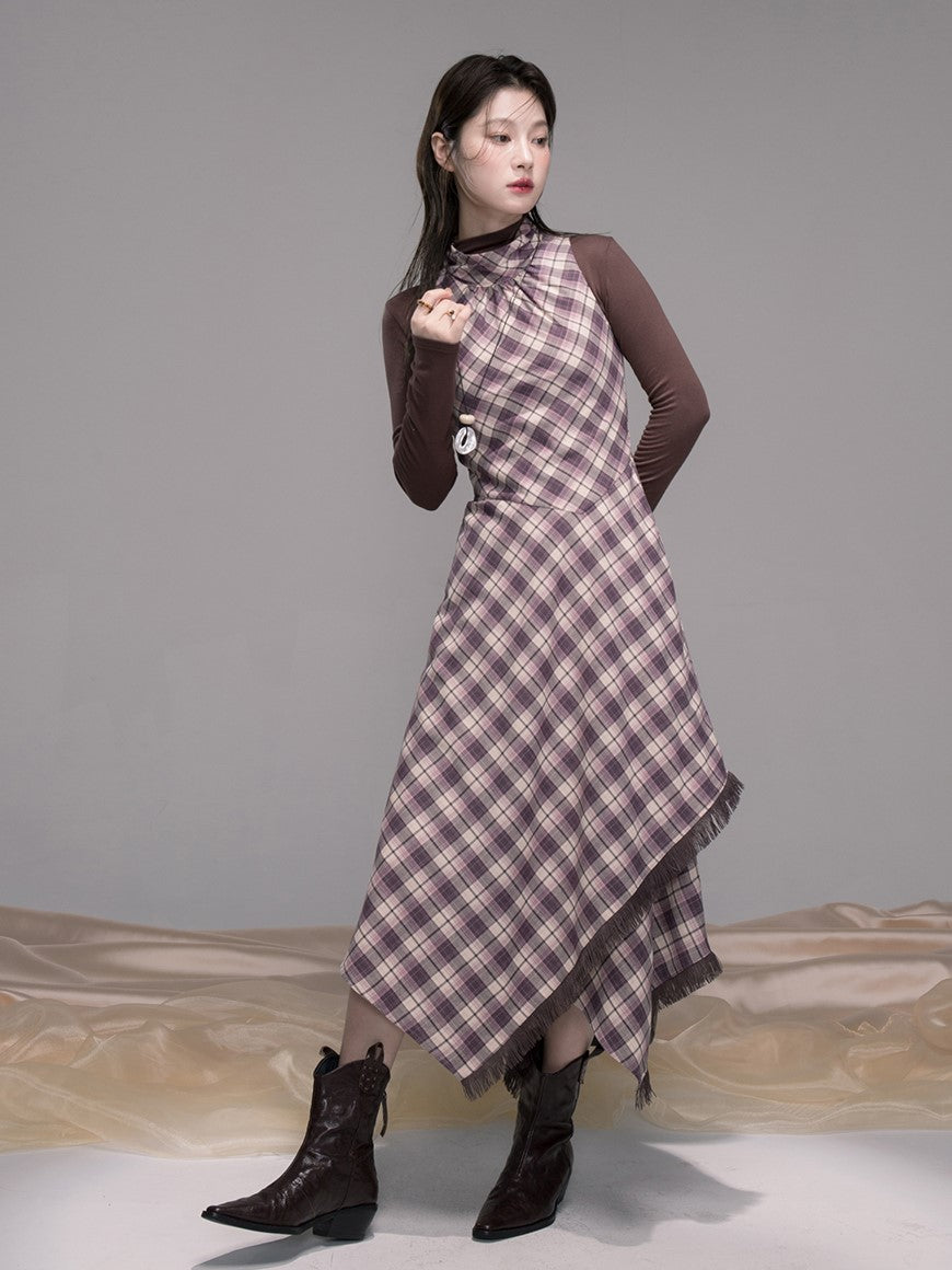 Purple Checkered Pattern Dress COT0347