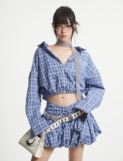 Blue Plaid Short Shirt/Puffy Short Skirt UNC0251