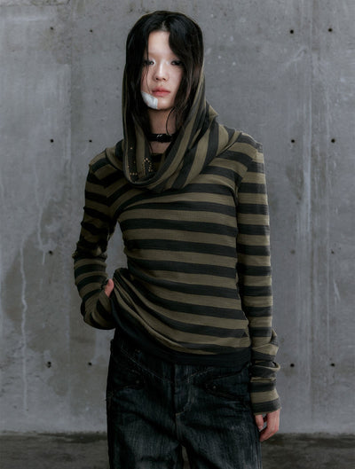 Gray Green Lapel Rivet Contrast Striped Long Sleeve T-shirt CES0101