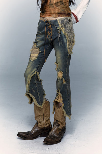 Retro Punk Patchwork Lace Ripped Cropped Flared Jeans NOR0069