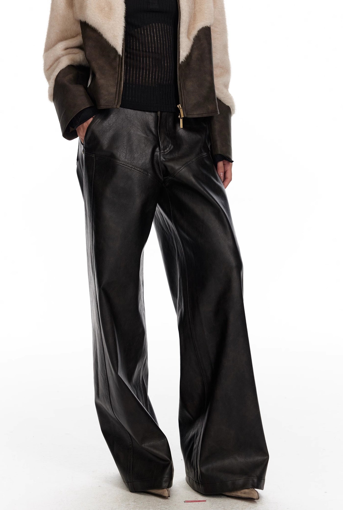 Black Low Waist Slim Wide Leg Straight Leather Pants 4MU0069