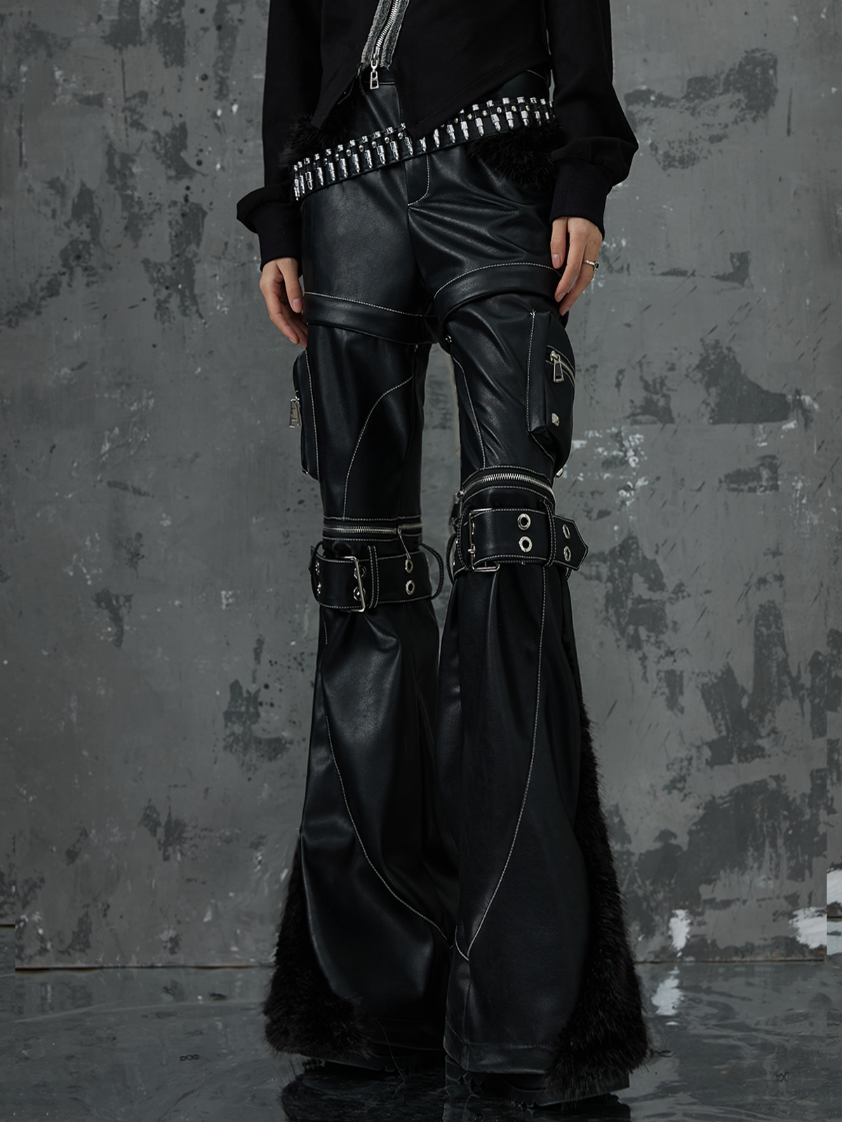 Punk Detachable Splicing Furry Flared Leather Pants FRU0050