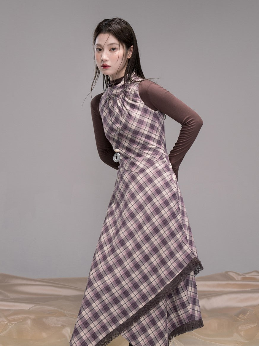 Purple Checkered Pattern Dress COT0347