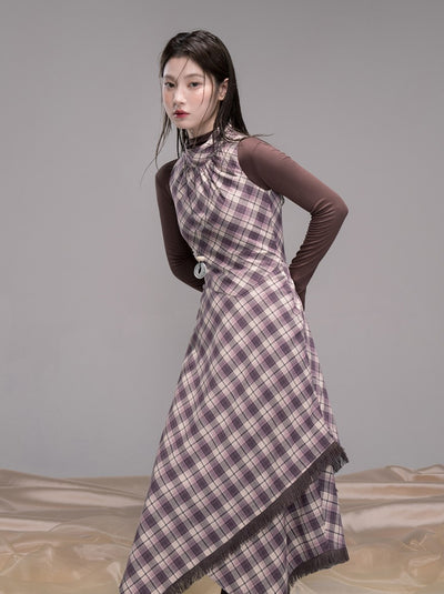 Purple Checkered Pattern Dress COT0347